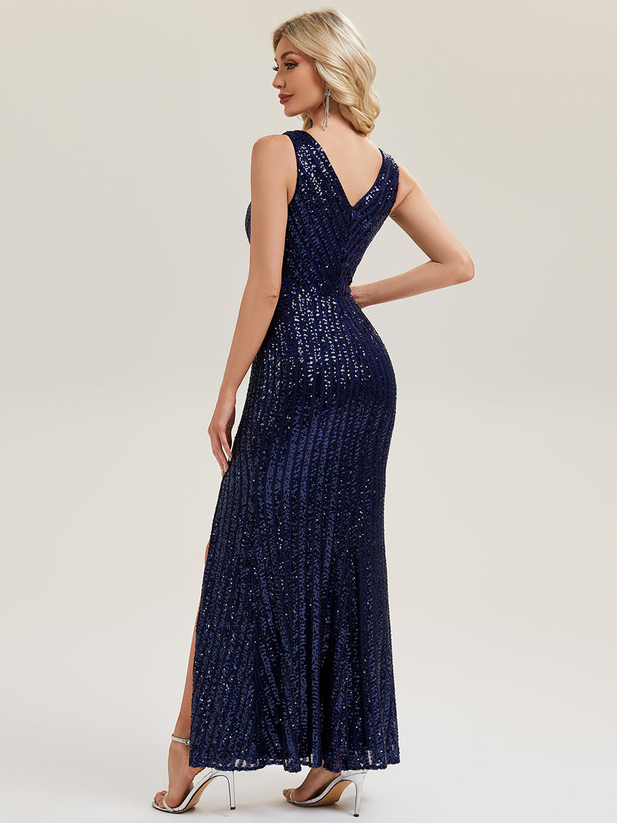 Robe de soirée sans manches à paillettes avec fente haute #Couleur_Bleu Marine
