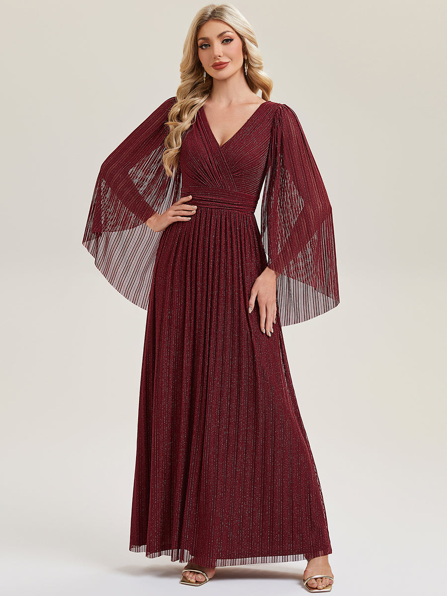 Robe longue à manches longues en batwing décolleté en V et coupe A #Couleur_Bordeaux