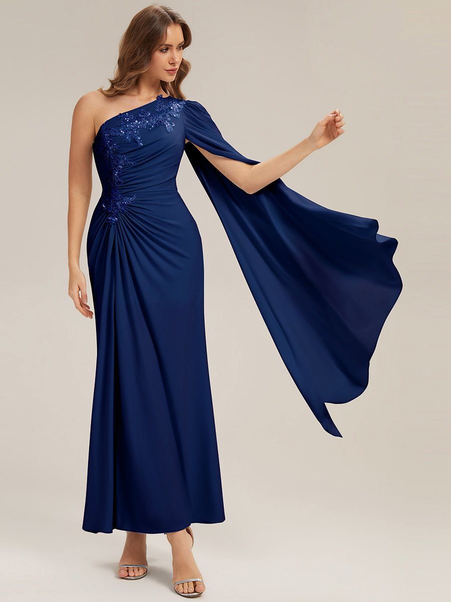 Robe moulante ¨¤ une ¨¦paule ¨¤ manches longues en tissu extensible avec fente haute sur la cuisse et rubans fluides #Couleur_Bleu Marine
