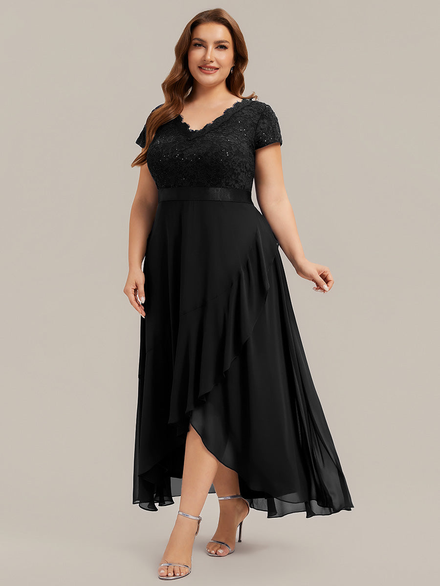robe asymétrique à encolure en V profonde à manches courtes avec volants et patchwork à ourlet haut bas #Couleur_Noir