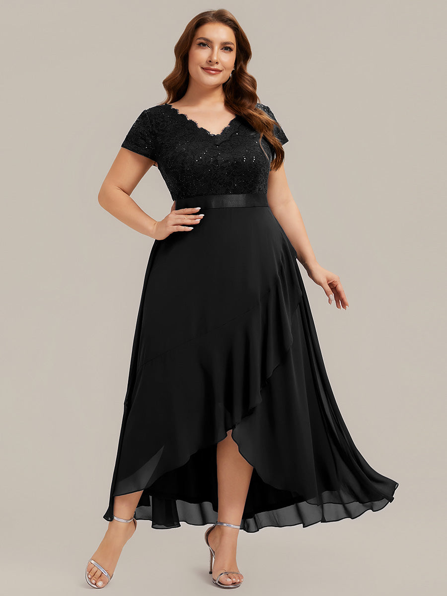 robe asymétrique à encolure en V profonde à manches courtes avec volants et patchwork à ourlet haut bas #Couleur_Noir