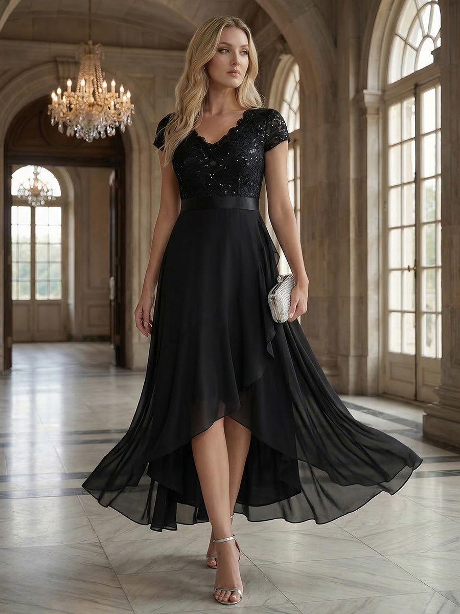 robe asymétrique à encolure en V profonde à manches courtes avec volants et patchwork à ourlet haut bas #Couleur_Noir