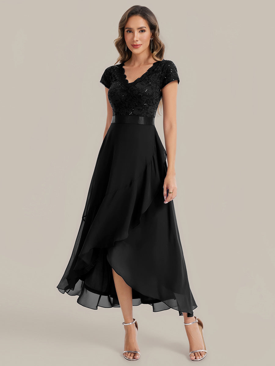 robe asymétrique à encolure en V profonde à manches courtes avec volants et patchwork à ourlet haut bas #Couleur_Noir
