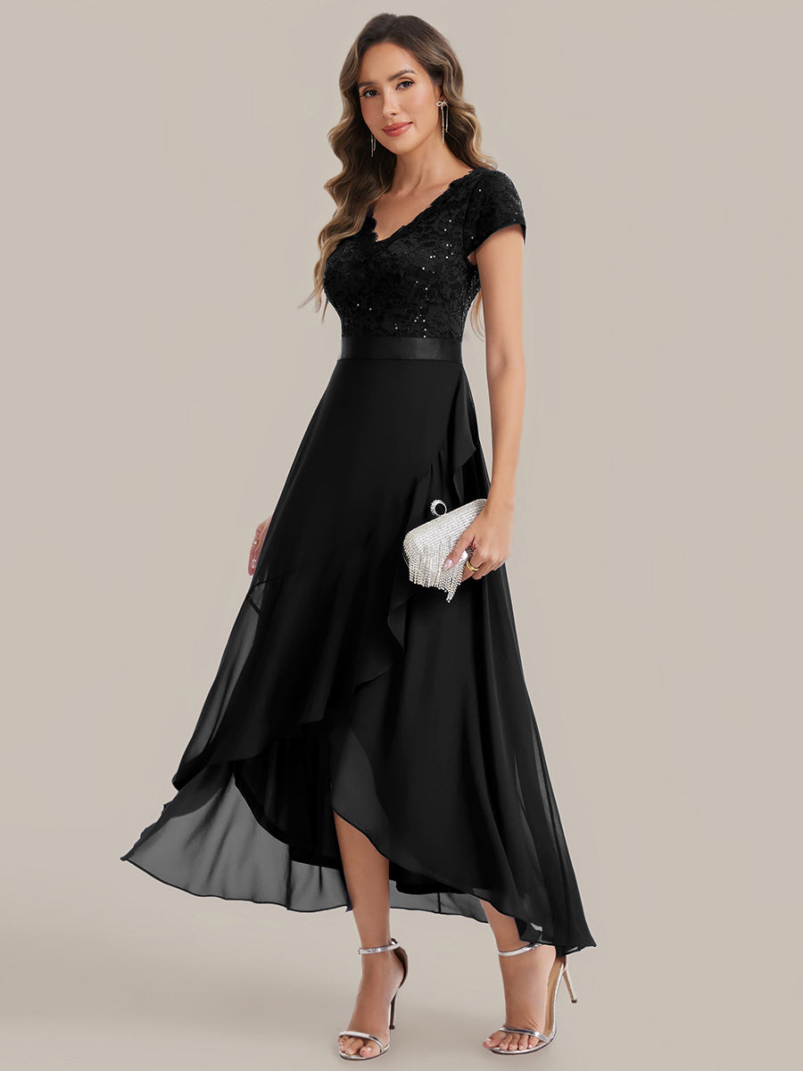 robe asymétrique à encolure en V profonde à manches courtes avec volants et patchwork à ourlet haut bas #Couleur_Noir