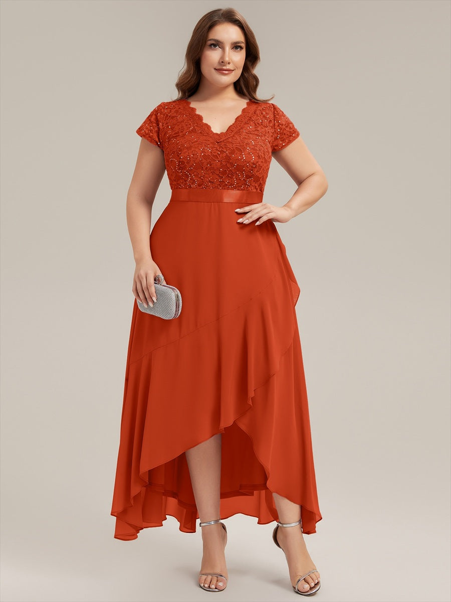 robe asymétrique à encolure en V profonde à manches courtes avec volants et patchwork à ourlet haut bas #Couleur_Burnt Orange