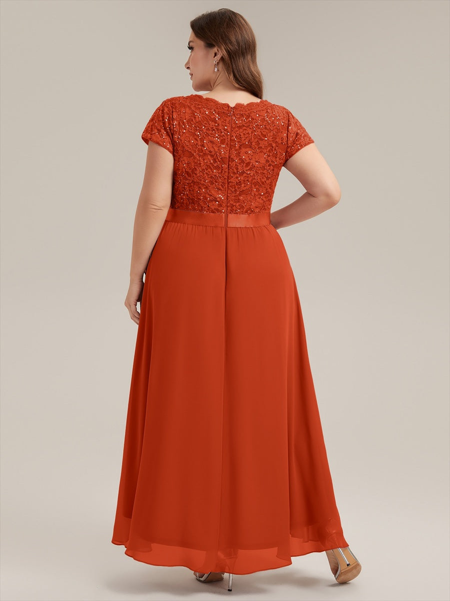 robe asymétrique à encolure en V profonde à manches courtes avec volants et patchwork à ourlet haut bas #Couleur_Burnt Orange