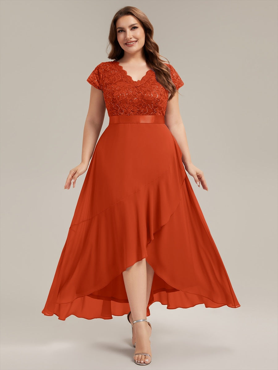 robe asymétrique à encolure en V profonde à manches courtes avec volants et patchwork à ourlet haut bas #Couleur_Burnt Orange