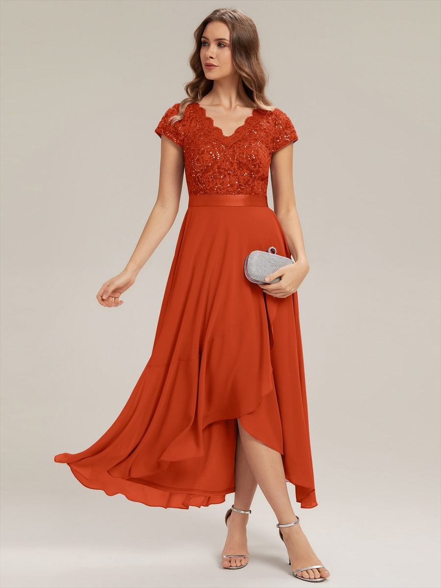 robe asymétrique à encolure en V profonde à manches courtes avec volants et patchwork à ourlet haut bas #Couleur_Burnt Orange