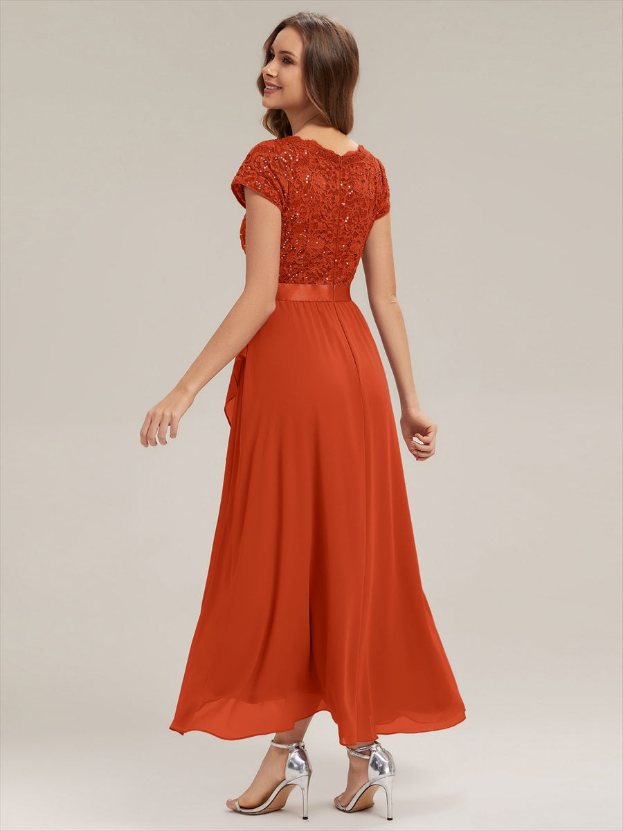 robe asymétrique à encolure en V profonde à manches courtes avec volants et patchwork à ourlet haut bas #Couleur_Burnt Orange