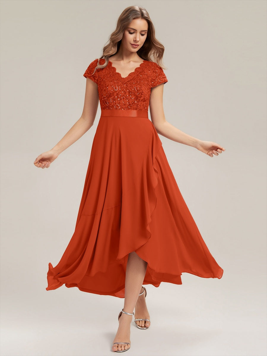 robe asymétrique à encolure en V profonde à manches courtes avec volants et patchwork à ourlet haut bas #Couleur_Burnt Orange