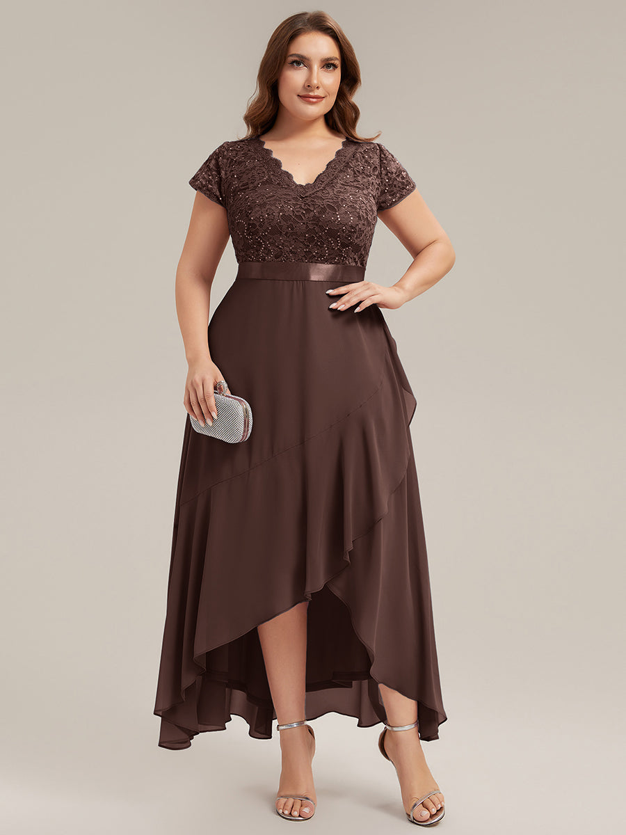 robe asymétrique à encolure en V profonde à manches courtes avec volants et patchwork à ourlet haut bas #Couleur_Marron chocolat