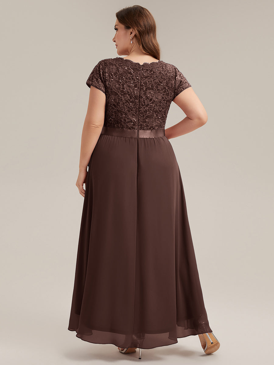 robe asymétrique à encolure en V profonde à manches courtes avec volants et patchwork à ourlet haut bas #Couleur_Marron chocolat