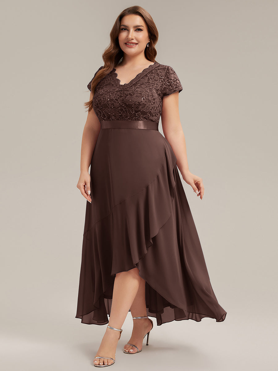 robe asymétrique à encolure en V profonde à manches courtes avec volants et patchwork à ourlet haut bas #Couleur_Marron chocolat