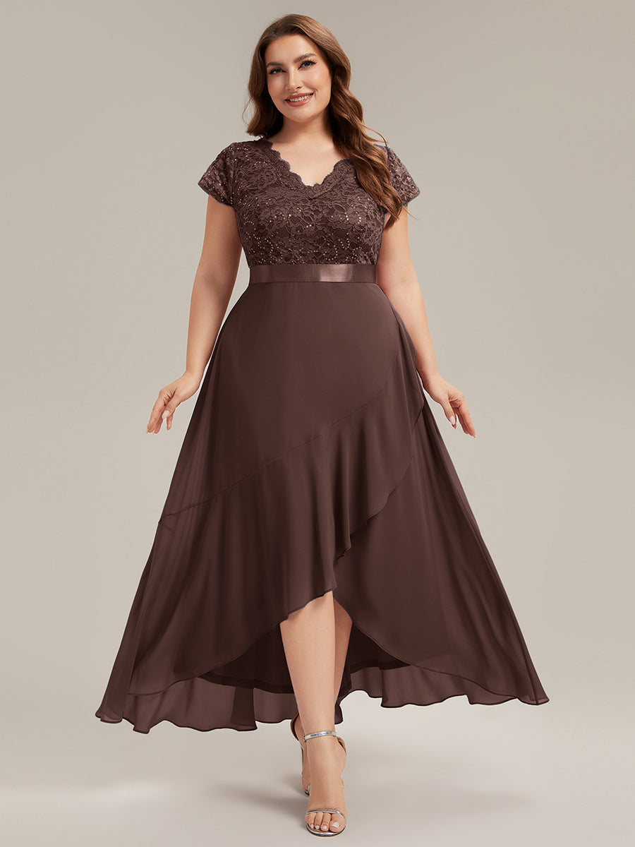 robe asymétrique à encolure en V profonde à manches courtes avec volants et patchwork à ourlet haut bas #Couleur_Marron chocolat