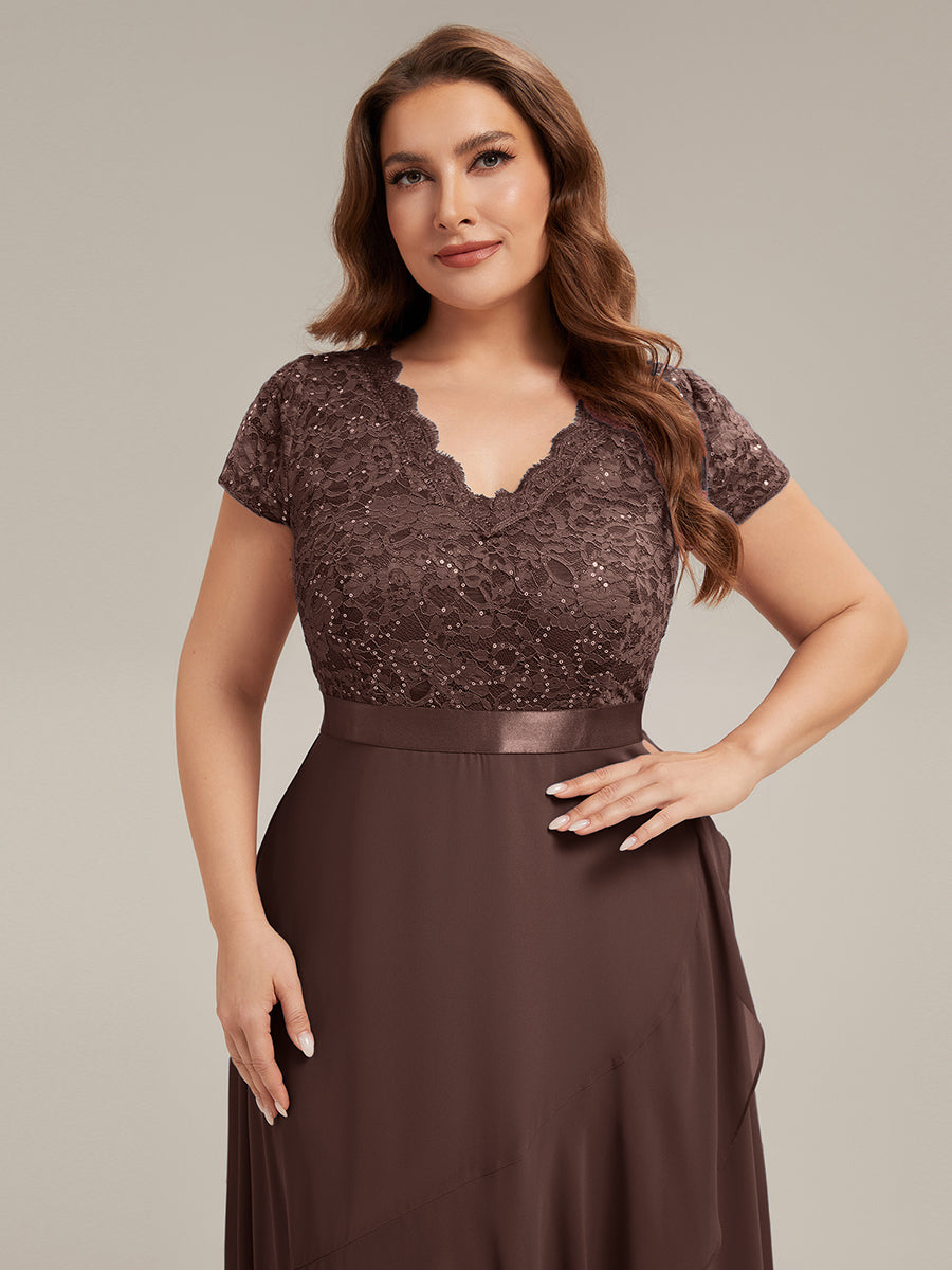 robe asymétrique à encolure en V profonde à manches courtes avec volants et patchwork à ourlet haut bas #Couleur_Marron chocolat
