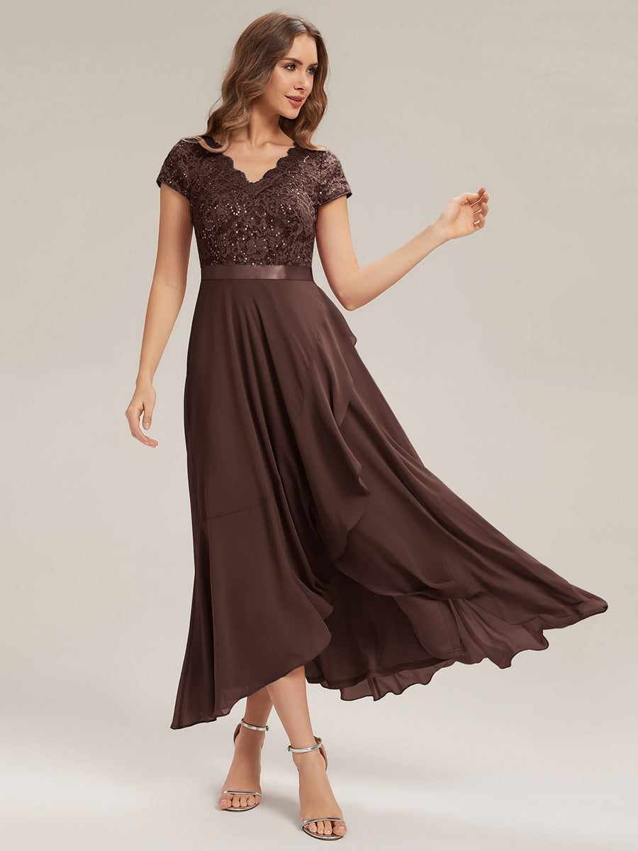 robe asymétrique à encolure en V profonde à manches courtes avec volants et patchwork à ourlet haut bas #Couleur_Marron chocolat
