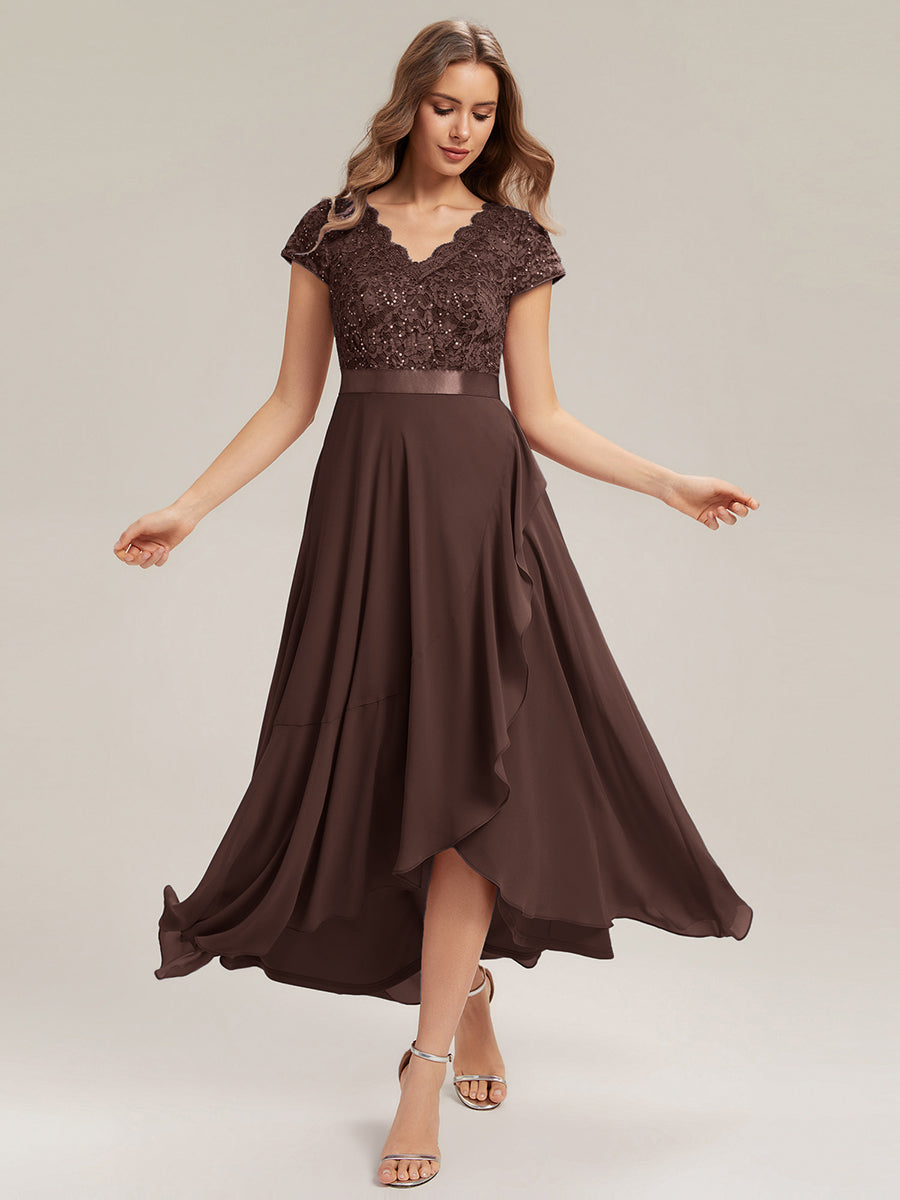 robe asymétrique à encolure en V profonde à manches courtes avec volants et patchwork à ourlet haut bas #Couleur_Marron chocolat