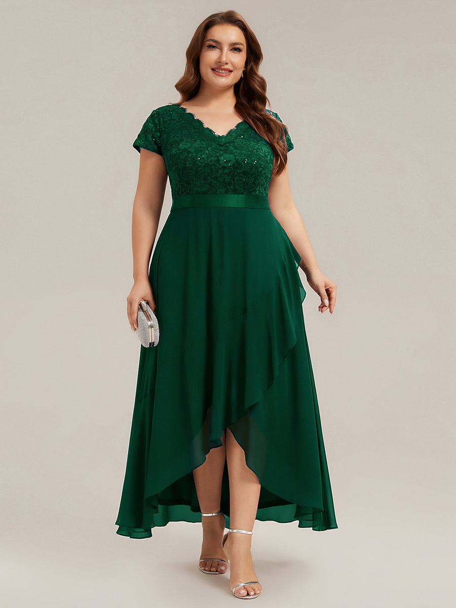 robe asymétrique à encolure en V profonde à manches courtes avec volants et patchwork à ourlet haut bas #Couleur_Vert Fonce