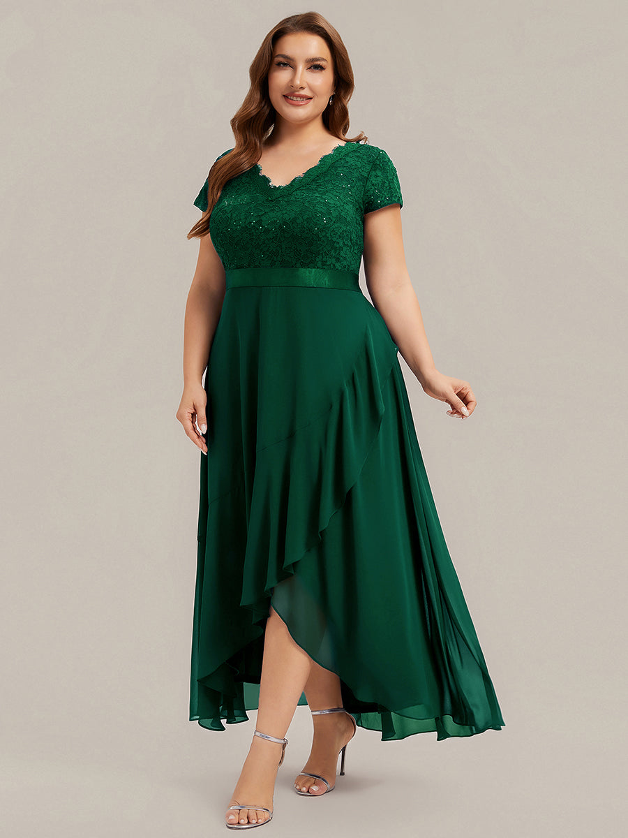 robe asymétrique à encolure en V profonde à manches courtes avec volants et patchwork à ourlet haut bas #Couleur_Vert Fonce