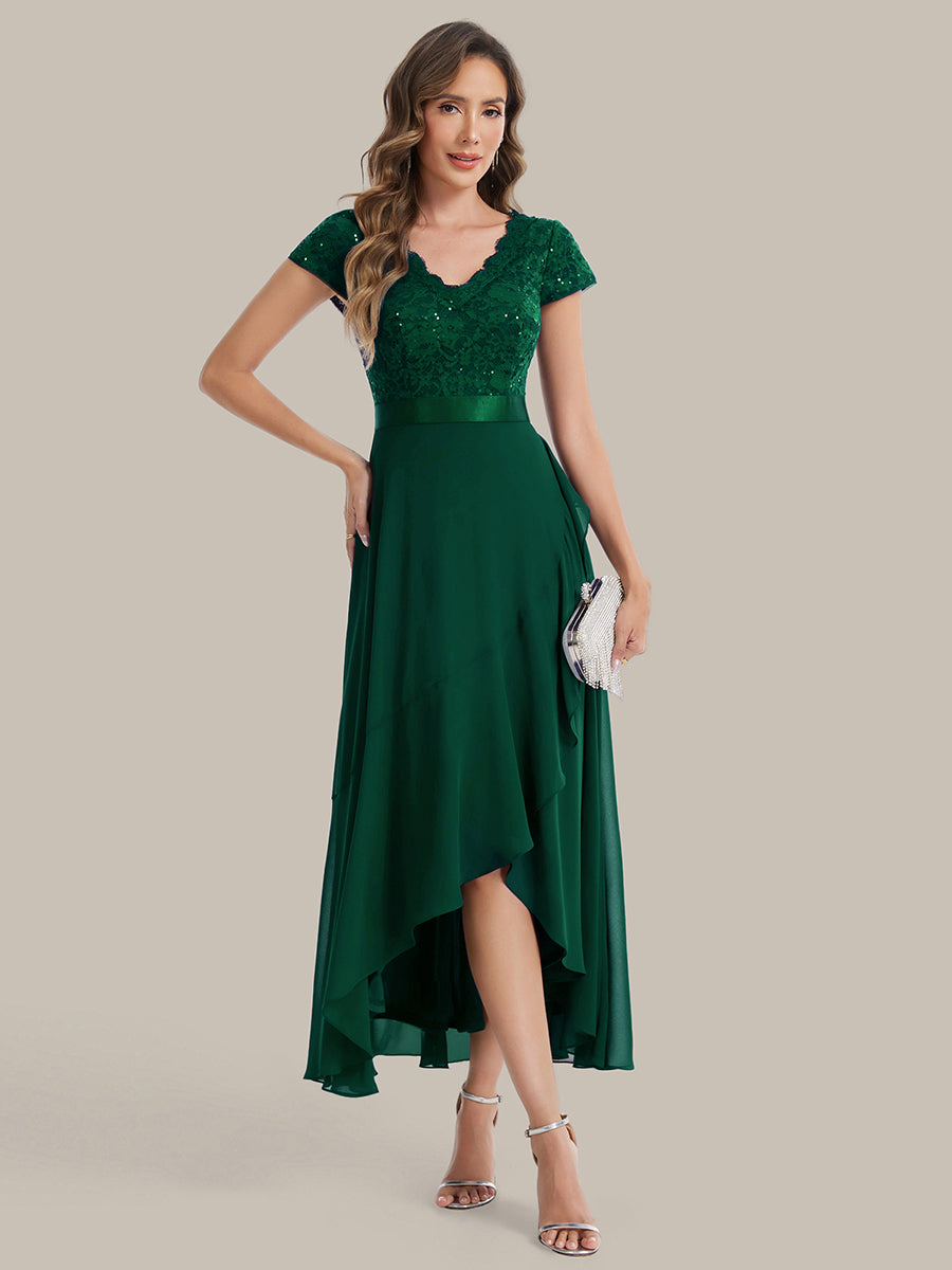 robe asymétrique à encolure en V profonde à manches courtes avec volants et patchwork à ourlet haut bas #Couleur_Vert Fonce