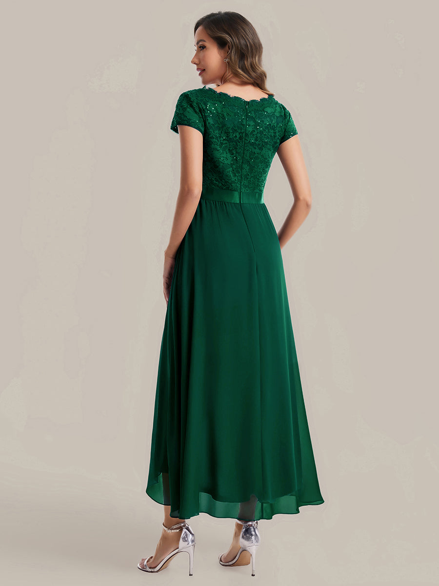 robe asymétrique à encolure en V profonde à manches courtes avec volants et patchwork à ourlet haut bas #Couleur_Vert Fonce