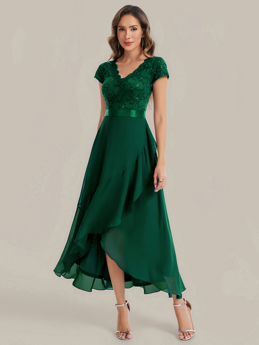 robe asymétrique à encolure en V profonde à manches courtes avec volants et patchwork à ourlet haut bas #Couleur_Vert Fonce