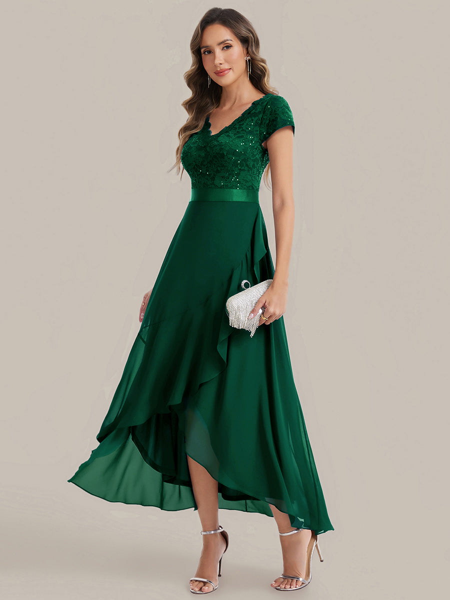 robe asymétrique à encolure en V profonde à manches courtes avec volants et patchwork à ourlet haut bas #Couleur_Vert Fonce
