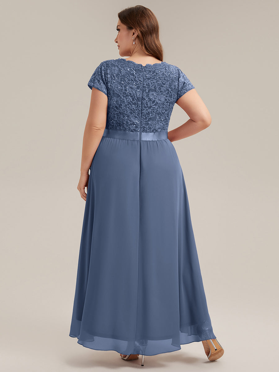 robe asymétrique à encolure en V profonde à manches courtes avec volants et patchwork à ourlet haut bas #Couleur_Marine Fume