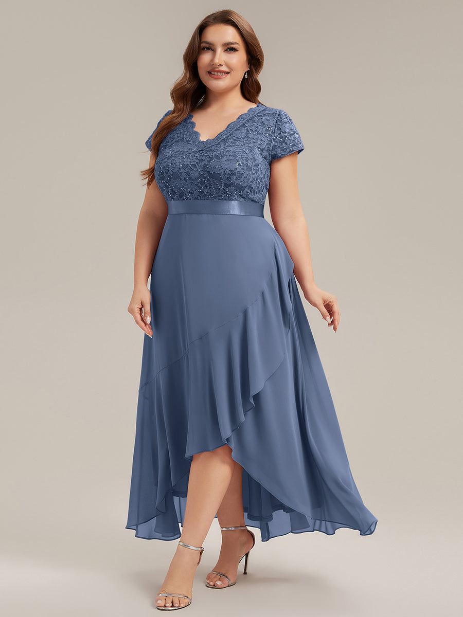 robe asymétrique à encolure en V profonde à manches courtes avec volants et patchwork à ourlet haut bas #Couleur_Marine Fume