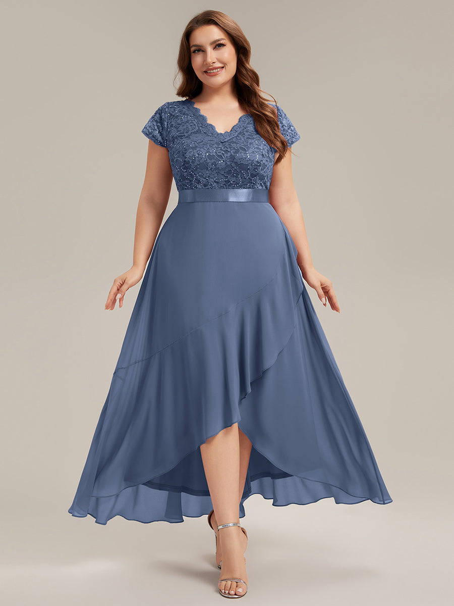 robe asymétrique à encolure en V profonde à manches courtes avec volants et patchwork à ourlet haut bas #Couleur_Marine Fume