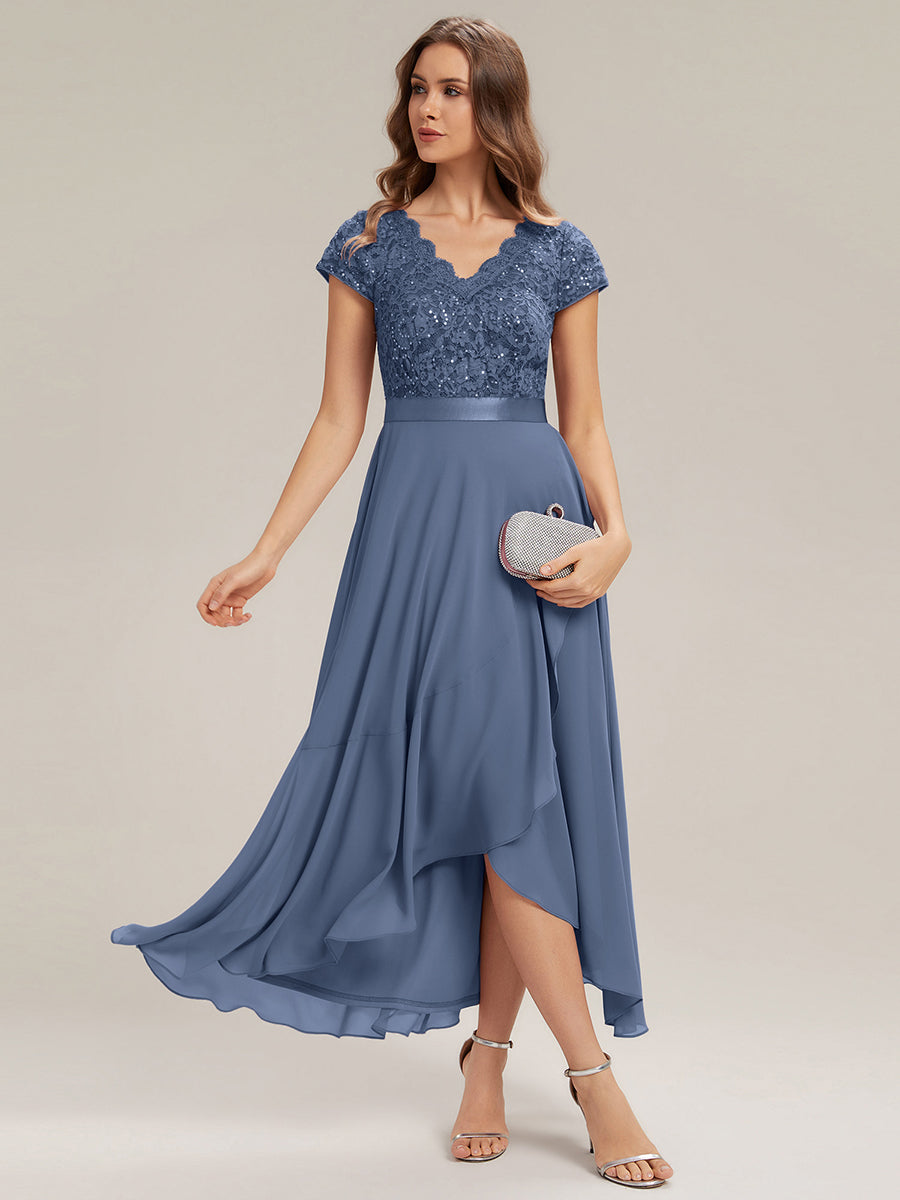 robe asymétrique à encolure en V profonde à manches courtes avec volants et patchwork à ourlet haut bas #Couleur_Marine Fume