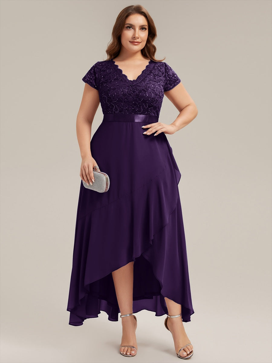 robe asymétrique à encolure en V profonde à manches courtes avec volants et patchwork à ourlet haut bas #Couleur_Violet Fonce