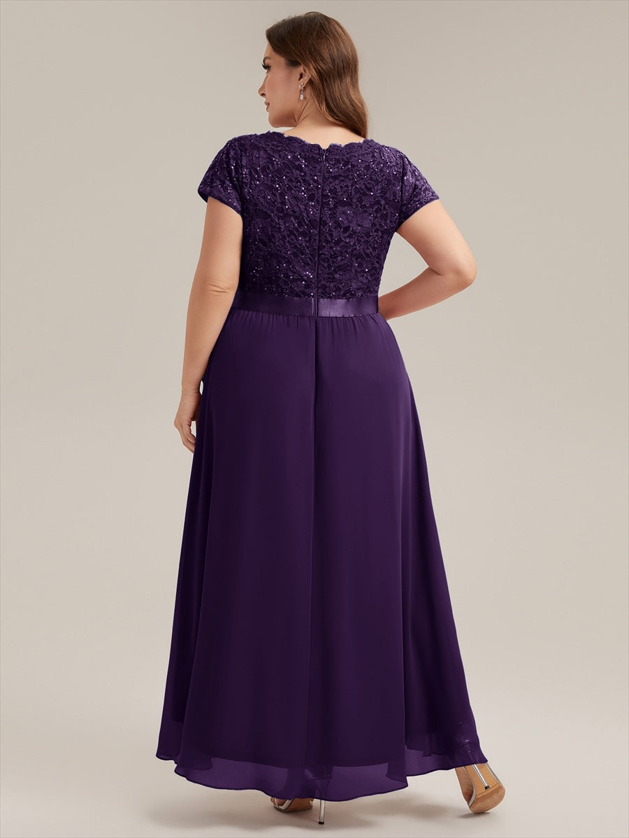 robe asymétrique à encolure en V profonde à manches courtes avec volants et patchwork à ourlet haut bas #Couleur_Violet Fonce