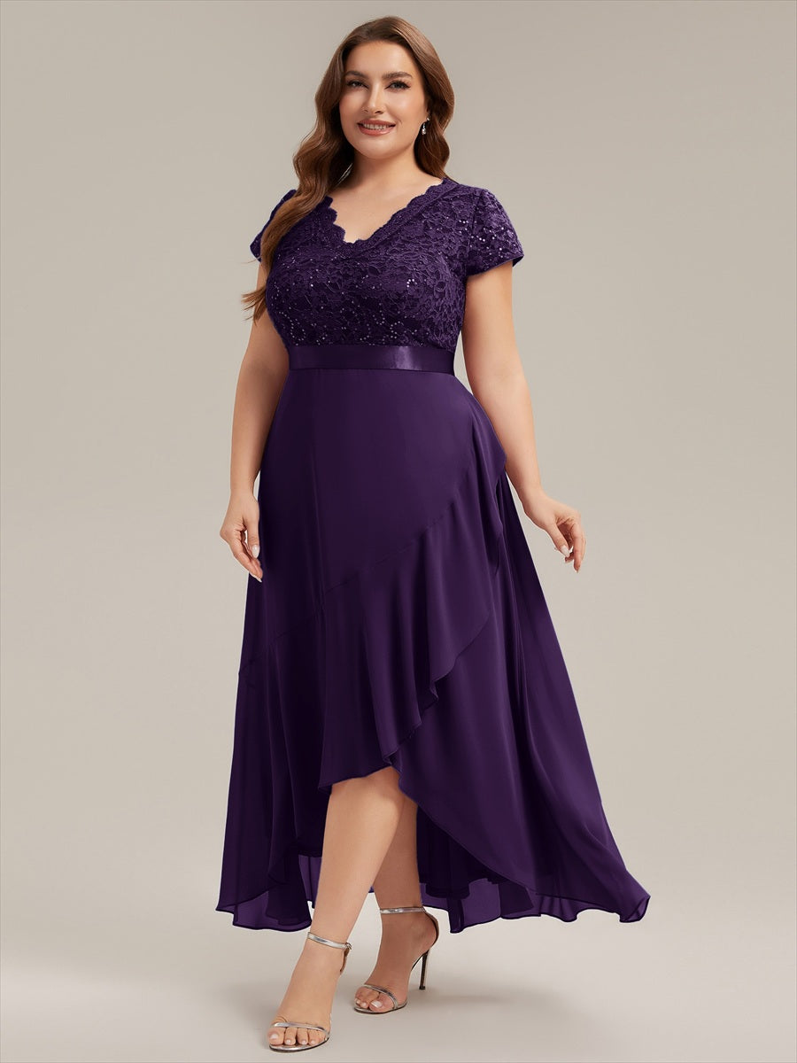robe asymétrique à encolure en V profonde à manches courtes avec volants et patchwork à ourlet haut bas #Couleur_Violet Fonce