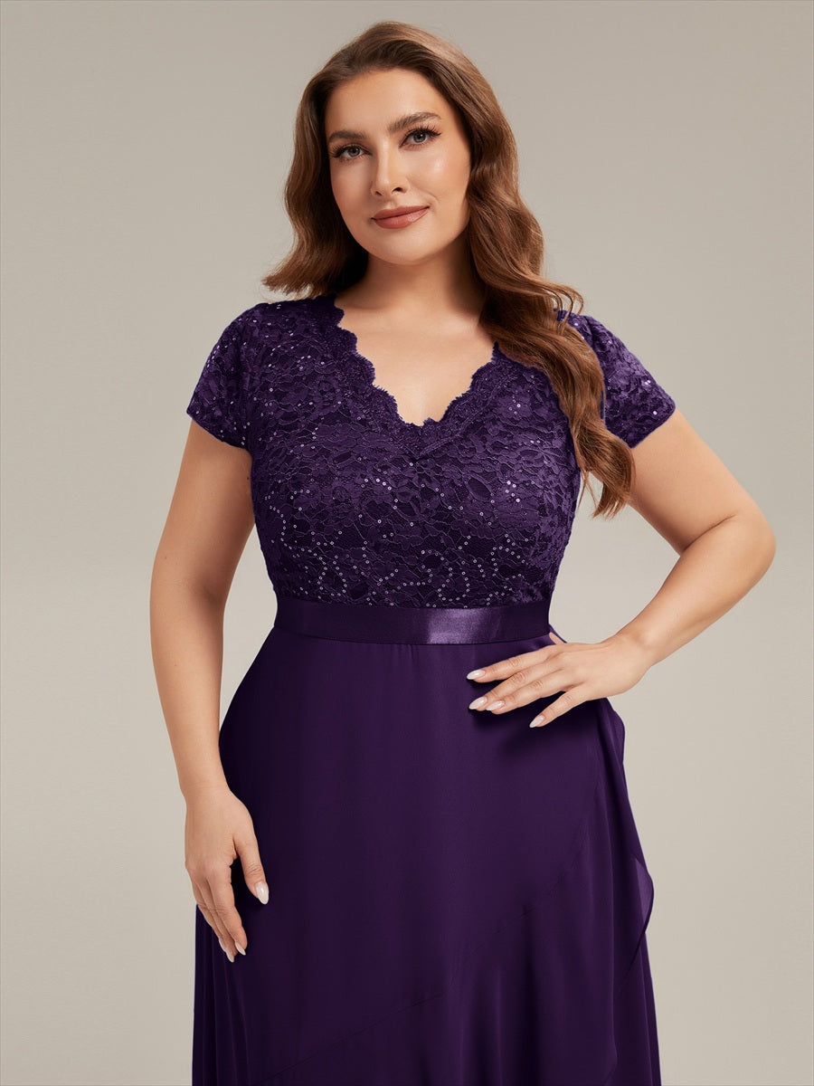 robe asymétrique à encolure en V profonde à manches courtes avec volants et patchwork à ourlet haut bas #Couleur_Violet Fonce
