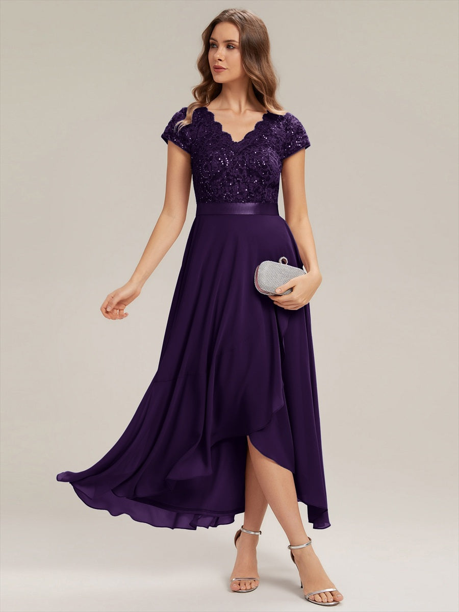robe asymétrique à encolure en V profonde à manches courtes avec volants et patchwork à ourlet haut bas #Couleur_Violet Fonce