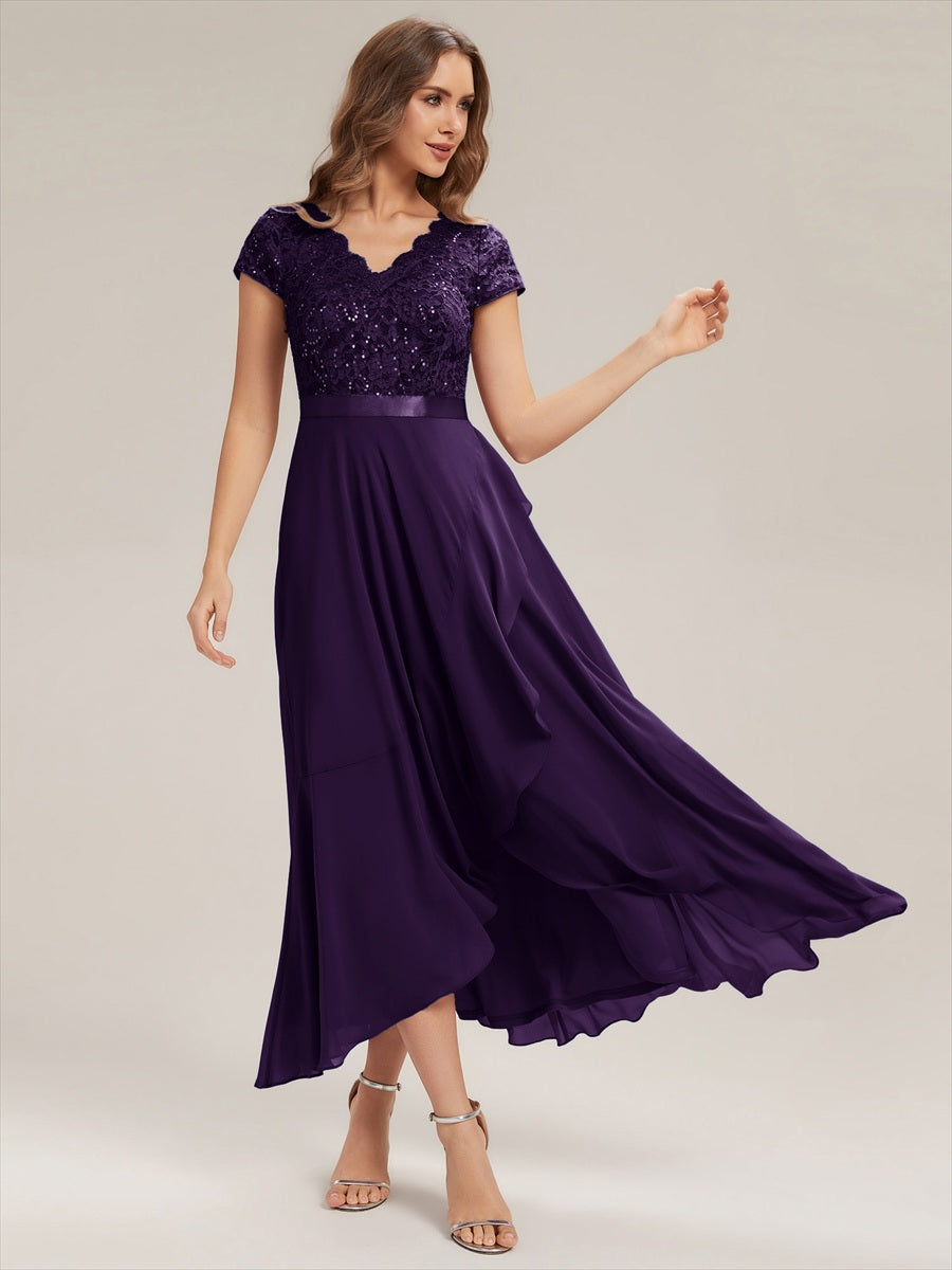 robe asymétrique à encolure en V profonde à manches courtes avec volants et patchwork à ourlet haut bas #Couleur_Violet Fonce