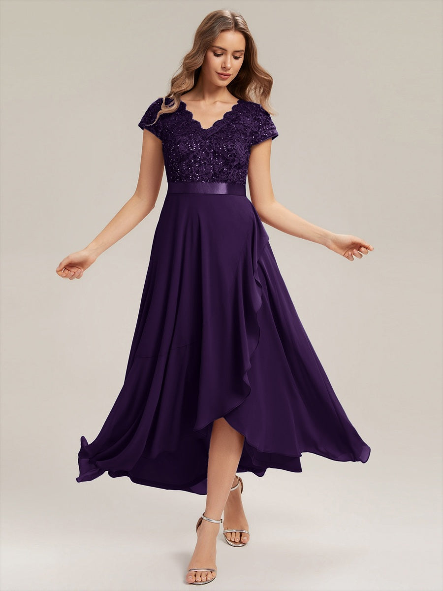 robe asymétrique à encolure en V profonde à manches courtes avec volants et patchwork à ourlet haut bas #Couleur_Violet Fonce