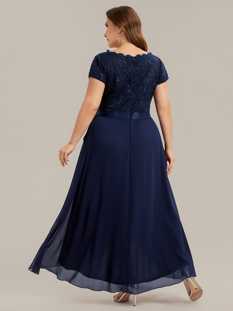 robe asymétrique à encolure en V profonde à manches courtes avec volants et patchwork à ourlet haut bas #Couleur_Bleu Marine