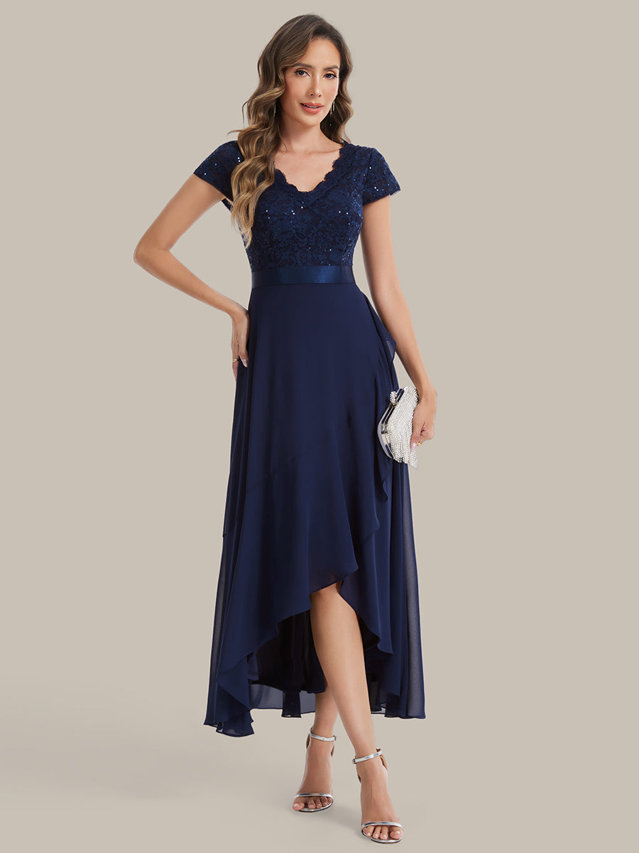 robe asymétrique à encolure en V profonde à manches courtes avec volants et patchwork à ourlet haut bas #Couleur_Bleu Marine