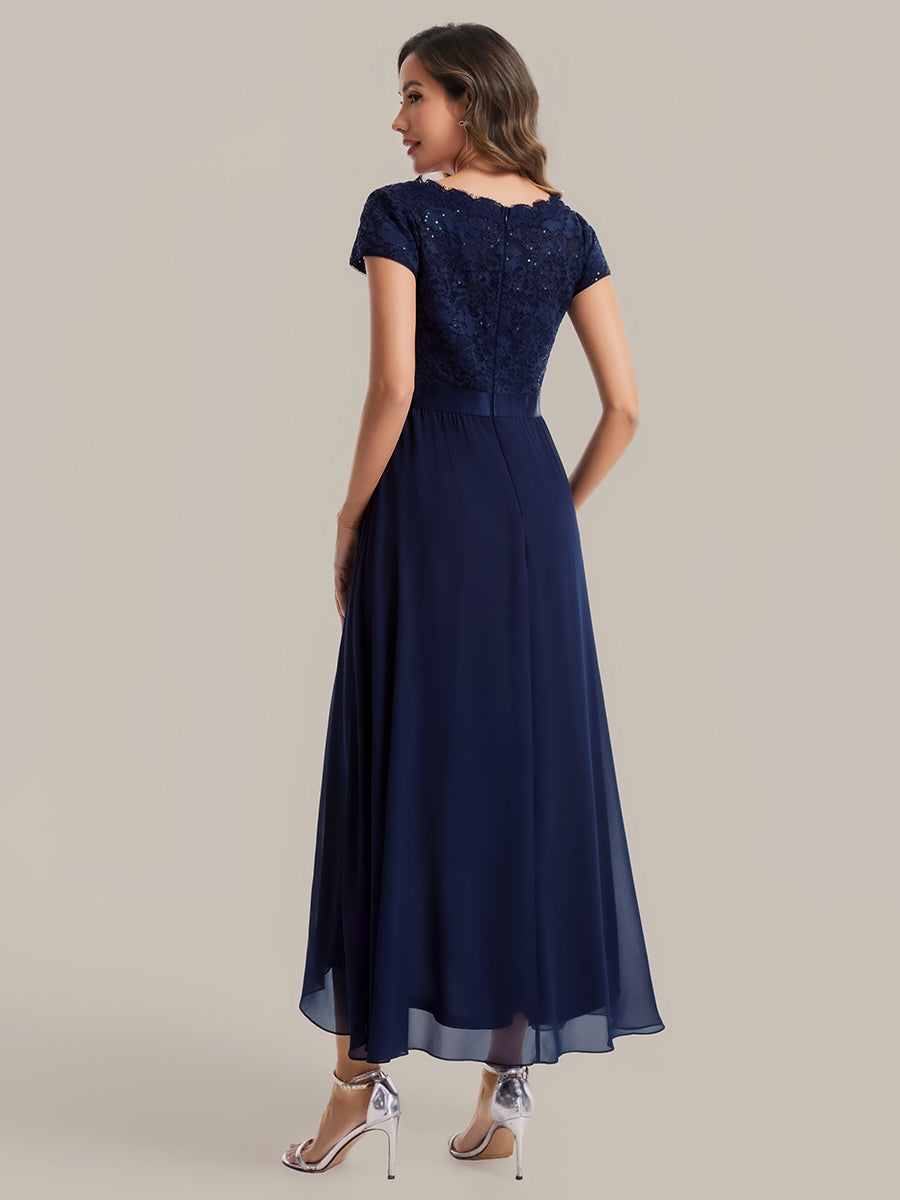 robe asymétrique à encolure en V profonde à manches courtes avec volants et patchwork à ourlet haut bas #Couleur_Bleu Marine