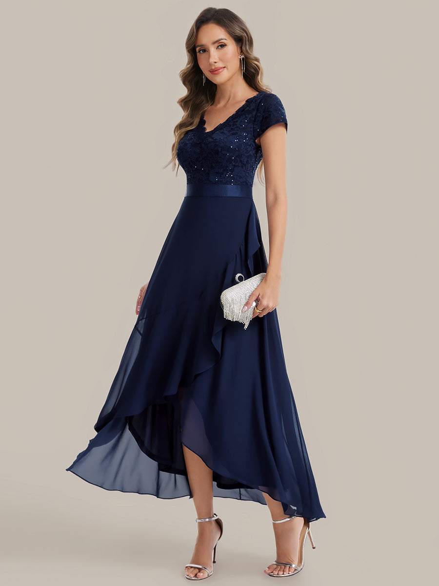 robe asymétrique à encolure en V profonde à manches courtes avec volants et patchwork à ourlet haut bas #Couleur_Bleu Marine