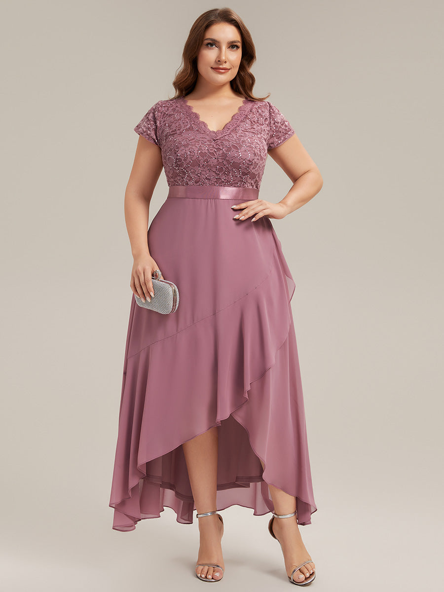 robe asymétrique à encolure en V profonde à manches courtes avec volants et patchwork à ourlet haut bas #Couleur_Orchidee