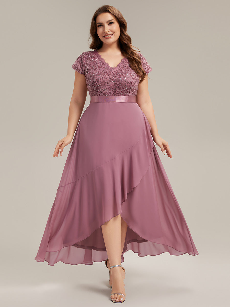 robe asymétrique à encolure en V profonde à manches courtes avec volants et patchwork à ourlet haut bas #Couleur_Orchidee