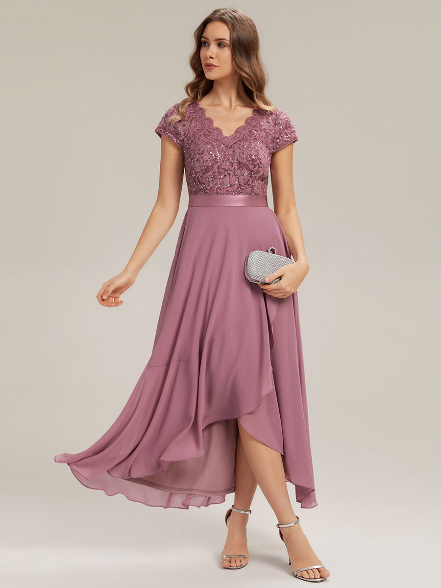 robe asymétrique à encolure en V profonde à manches courtes avec volants et patchwork à ourlet haut bas #Couleur_Orchidee