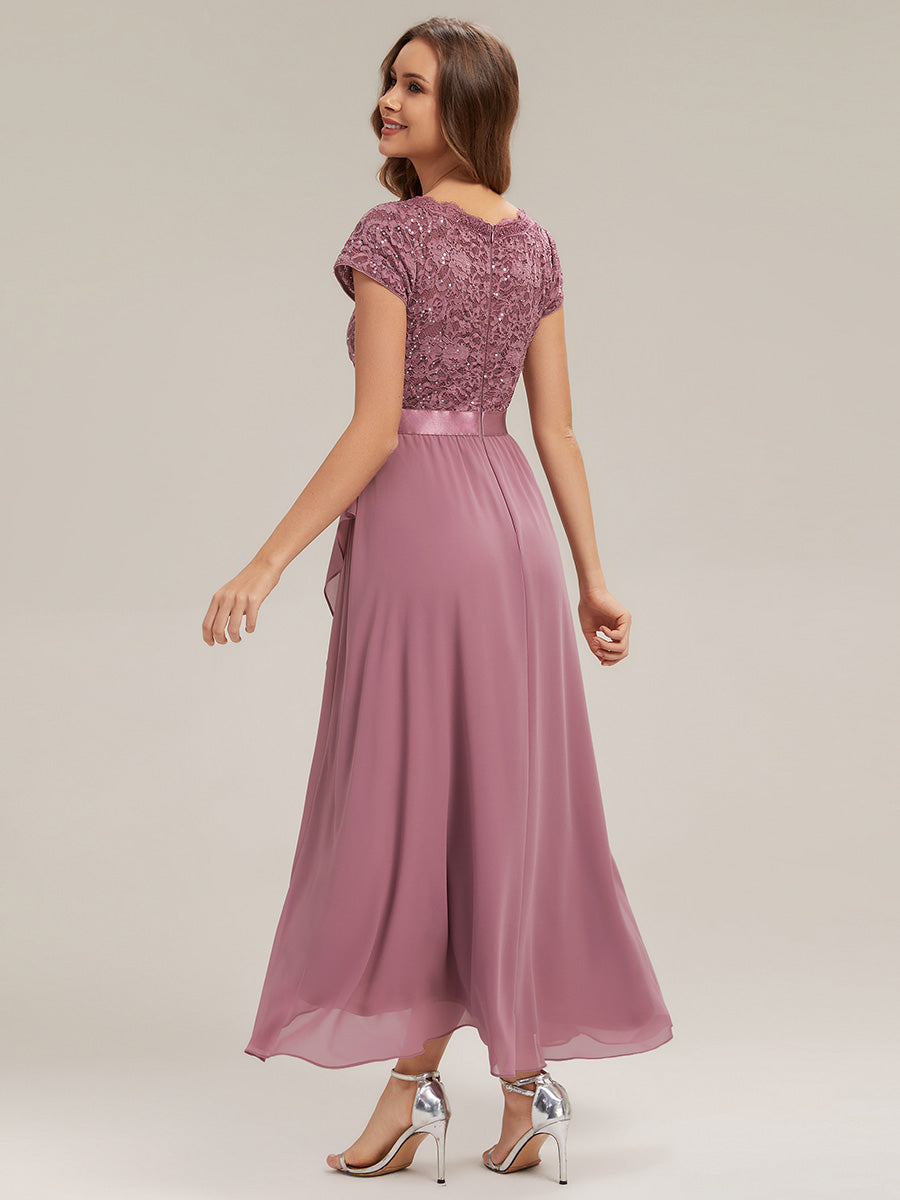 robe asymétrique à encolure en V profonde à manches courtes avec volants et patchwork à ourlet haut bas #Couleur_Orchidee