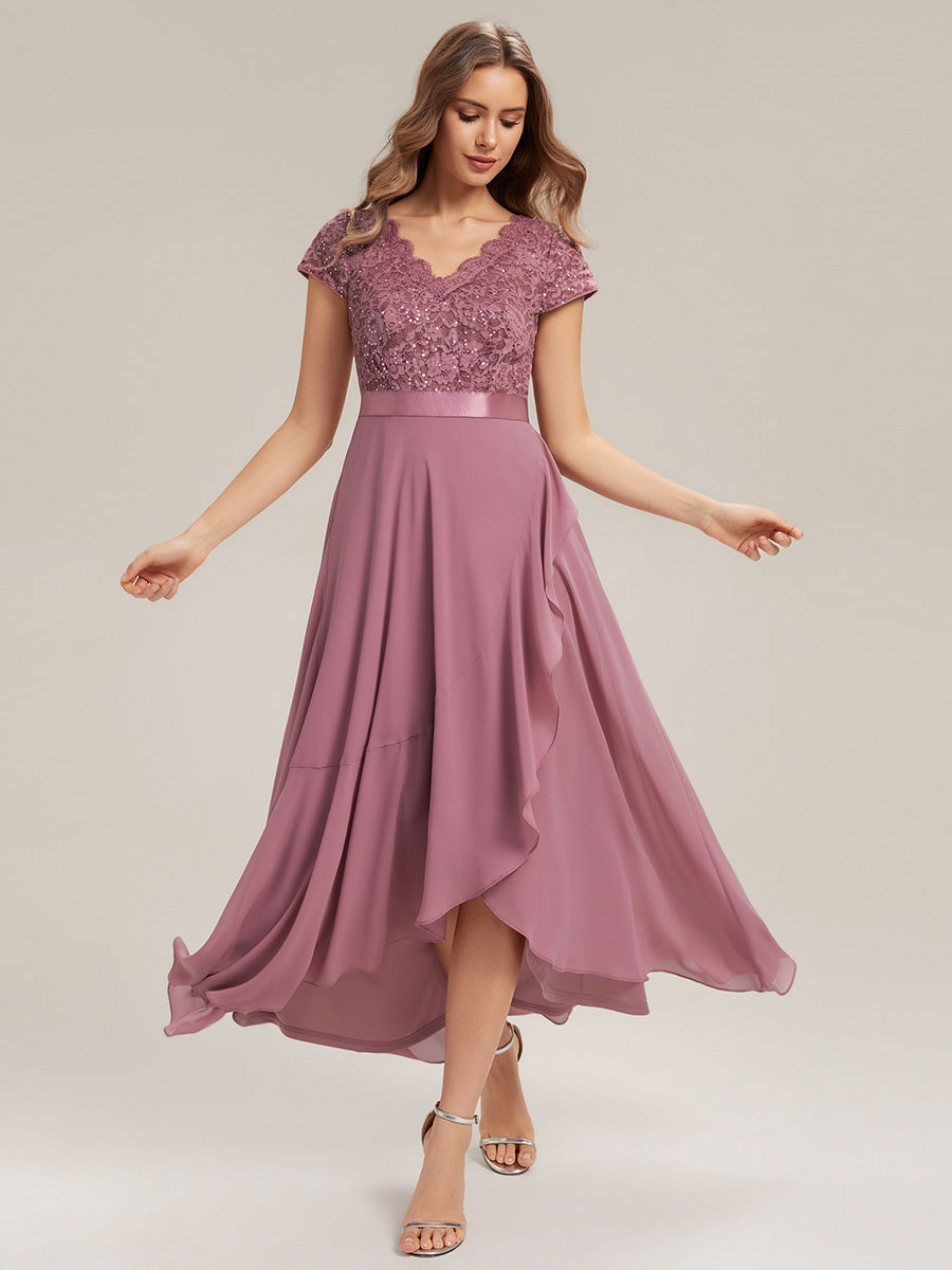 robe asymétrique à encolure en V profonde à manches courtes avec volants et patchwork à ourlet haut bas #Couleur_Orchidee