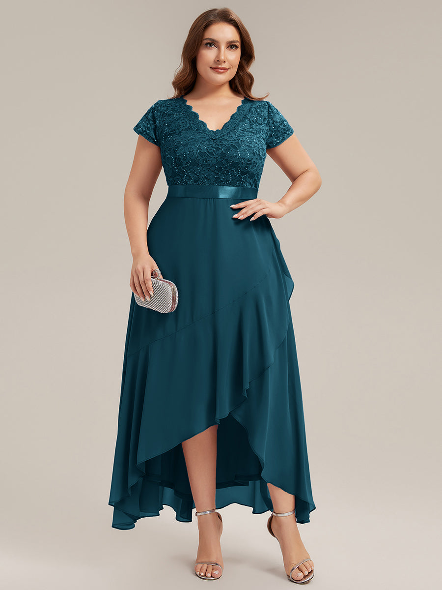 robe asymétrique à encolure en V profonde à manches courtes avec volants et patchwork à ourlet haut bas #Couleur_Bleu Sarcelle