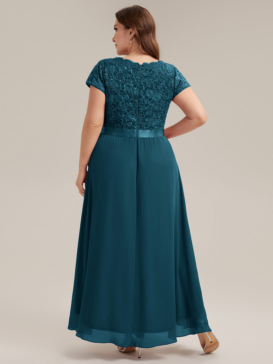 robe asymétrique à encolure en V profonde à manches courtes avec volants et patchwork à ourlet haut bas #Couleur_Bleu Sarcelle