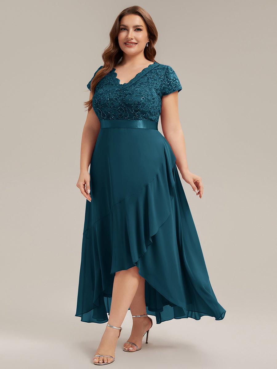 robe asymétrique à encolure en V profonde à manches courtes avec volants et patchwork à ourlet haut bas #Couleur_Bleu Sarcelle